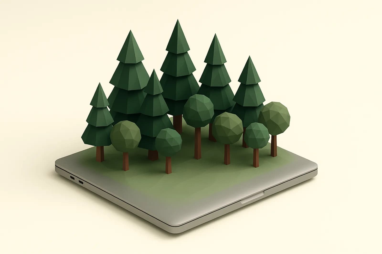 A laptop showing a forest scene in soft green light